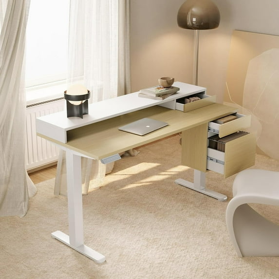 CHITOOMA Electric Standing Desk with Drawers, 47 Inch Adjustable Desk with File Cabinet & Monitor Stand, Ergonomic Stand Up Table for Home Office, Light Walnut