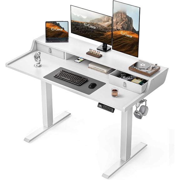Kyspho Electric Standing Desk with Drawers, 48″ x 24″ Height Adjustable Stand up Desk with Storage Shelf, Gaming Desk Compatible Monitor Stand, 4 Preset Heights for Home Office, White