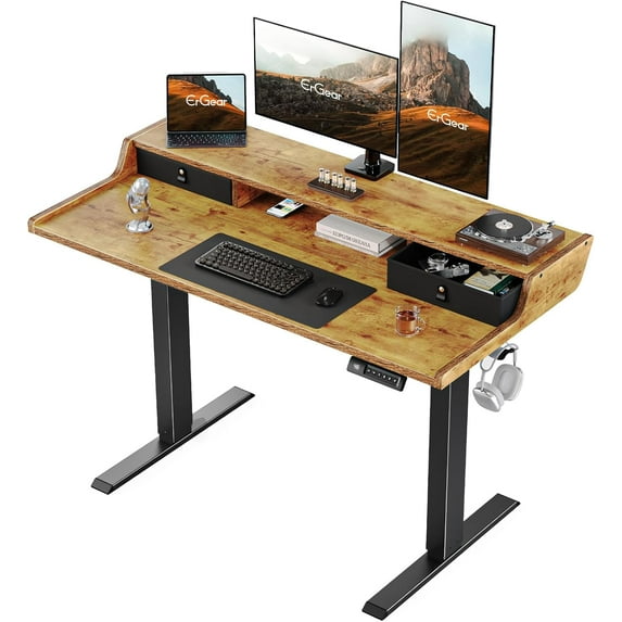 CHITOOMA Electric Standing Desk with Drawers, 48″ x 24″ Height Adjustable Stand up Desk with Storage Shelf, Gaming Desk Compatible Monitor Stand, 4 Preset Heights for Home Office, Brown