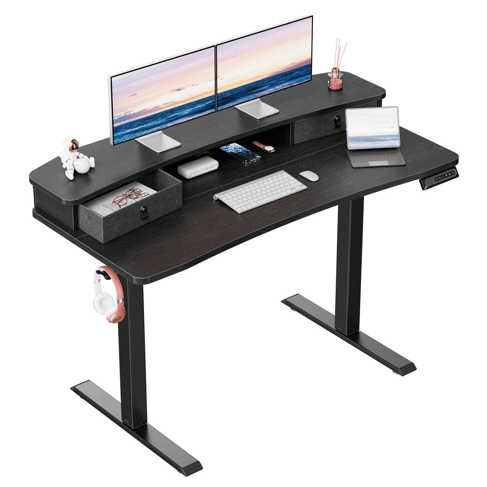 Kyspho Electric Standing Desk with Drawers, 48″ x 24″ Large Adjustable Height Computer Desk for Home Office, C-Clamp Compatible with 4 Presets, Black