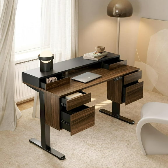CHITOOMA Electric Standing Desk with Drawers, 55 Inch Adjustable Desk with File Cabinet & Monitor Stand, Ergonomic Stand Up Table for Home Office, Deep Walnut