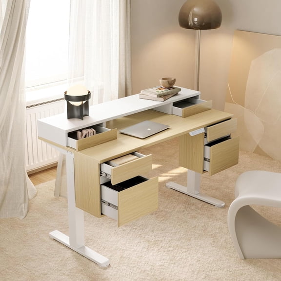 CHITOOMA Electric Standing Desk with Drawers, 55 Inch Adjustable Desk with File Cabinet & Monitor Stand, Ergonomic Stand Up Table for Home Office, Light Walnut