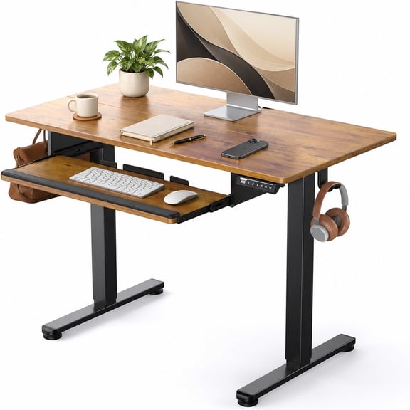 CHITOOMA Electric Standing Desk with Keyboard Tray, 48" x 24" Adjustable Height Sit Stand Up Desk, Home Office Gaming Desk Computer Workstation, Vintage Brown