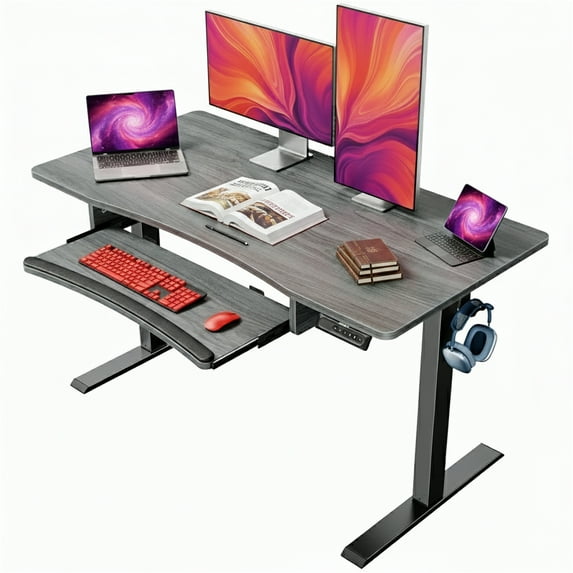 CHITOOMA Electric Standing Desk with Keyboard Tray, 48" x 24" Height Adjustable Stand Up Desk with 4 Memory Height Setting and Headphone Hook for Home Office, Grey