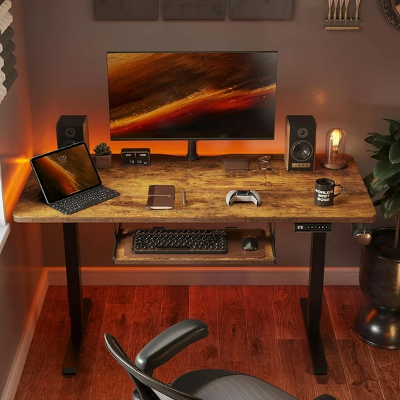 CHITOOMA Electric Standing Desk with Keyboard Tray, 48 x 24 inch Height Adjustable Computer Office Desk, Sit Stand Up Desk with 4 Height Memory Pre-Set & Headphone Hook, Rustic Brown