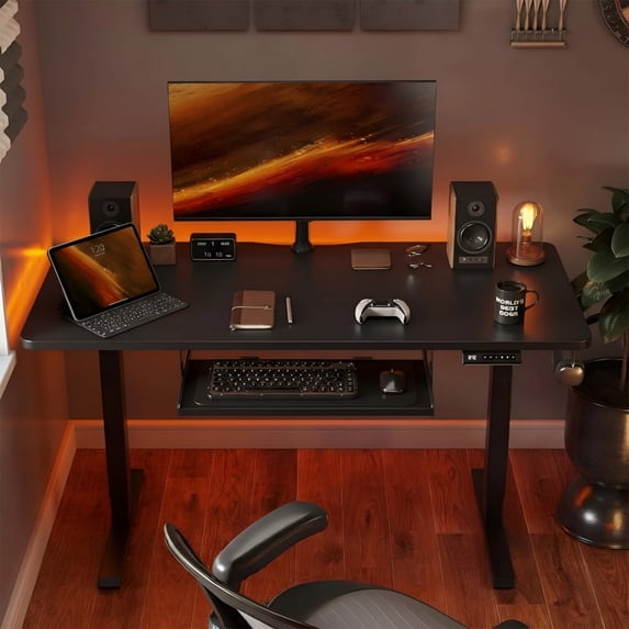 Kyspho Electric Standing Desk with Keyboard Tray, 48 x 24 inch Height Adjustable Computer Office Desk, Sit Stand Up Desk with 4 Height Memory Pre-Set & Headphone Hook, Black