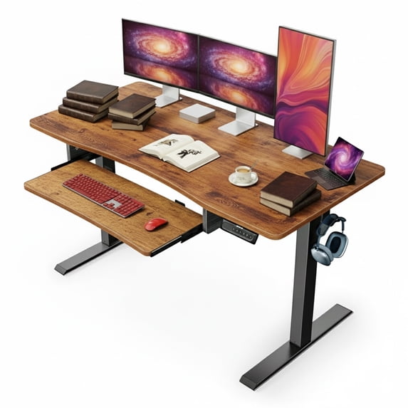 Kyspho Electric Standing Desk with Keyboard Tray, 55" x 24" Height Adjustable Stand Up Desk with 4 Memory Height Setting and Headphone Hook for Home Office, Brown