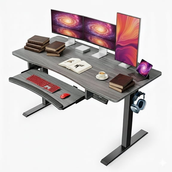 Kyspho Electric Standing Desk with Keyboard Tray, 55" x 24" Height Adjustable Stand Up Desk with 4 Memory Height Setting and Headphone Hook for Home Office, Grey