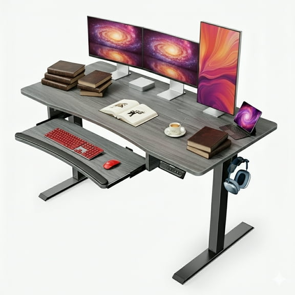 CHITOOMA Electric Standing Desk with Keyboard Tray, 55" x 24" Height Adjustable Stand Up Desk with 4 Memory Height Setting and Headphone Hook for Home Office, Grey