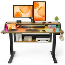 CHITOOMA Electric Standing Desk with LED & Storage, 48" x 24" Height Adjustable Computer Desk, C-Clamp Mount Compatible Ergonomic Table for Home Office, Brown