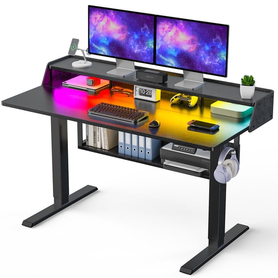 Kyspho Electric Standing Desk with LED & Storage, 55" x 28" Height Adjustable Computer Desk, C-Clamp Mount Compatible Ergonomic Table for Home Office, Black