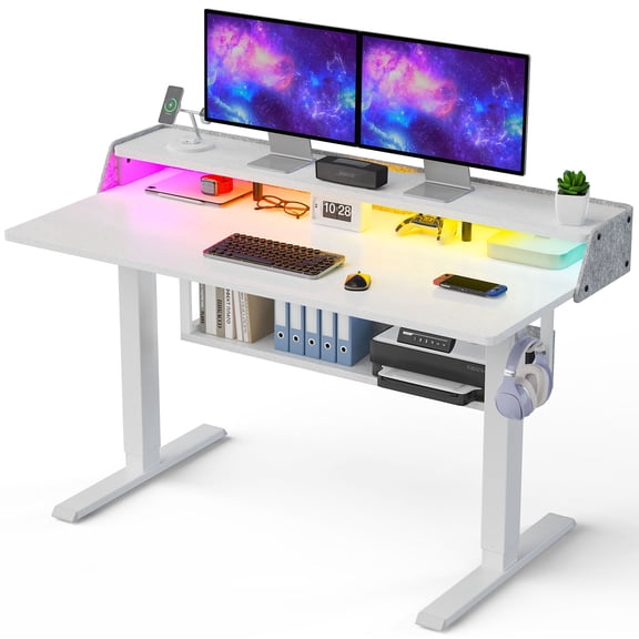 Kyspho Electric Standing Desk with LED & Storage, 55" x 28" Height Adjustable Computer Desk, C-Clamp Mount Compatible Ergonomic Table for Home Office, White