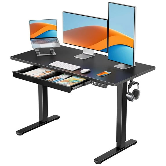 CHITOOMA Electric Standing Desk with Built-in Drawer, 48" x 24" Adjustable Height Computer Desk, 4 Memory Presets for Home Office, Black