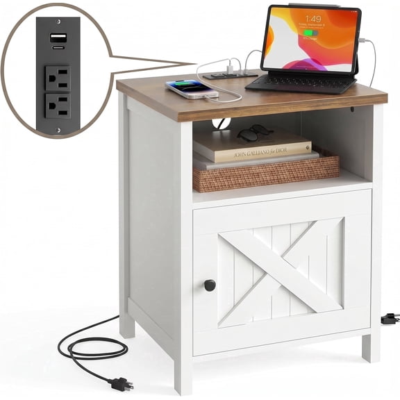 CHITOOMA Farmhouse Nightstands, Bedside Tables with Storage Cabinet, Open Shelf, Built-In USB and Power Outlets, White and Brown