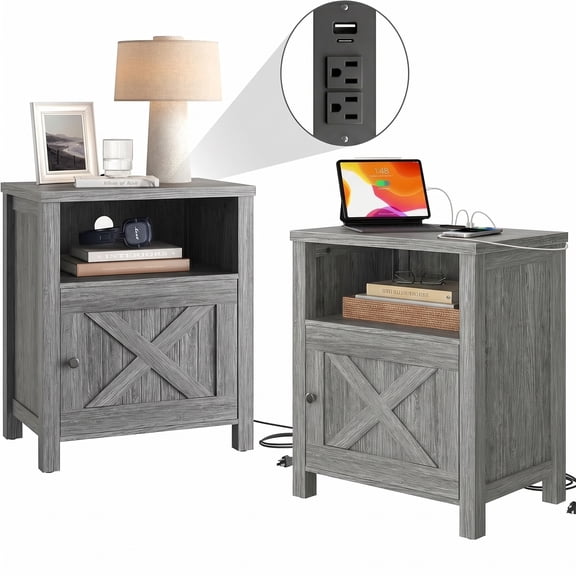 CHITOOMA Farmhouse Nightstands Set of 2 with Charging Station, Bedside Tables with Storage Cabinet and Open Shelf, Small End Tables with USB Ports and AC Outlets for Bedroom, Gray