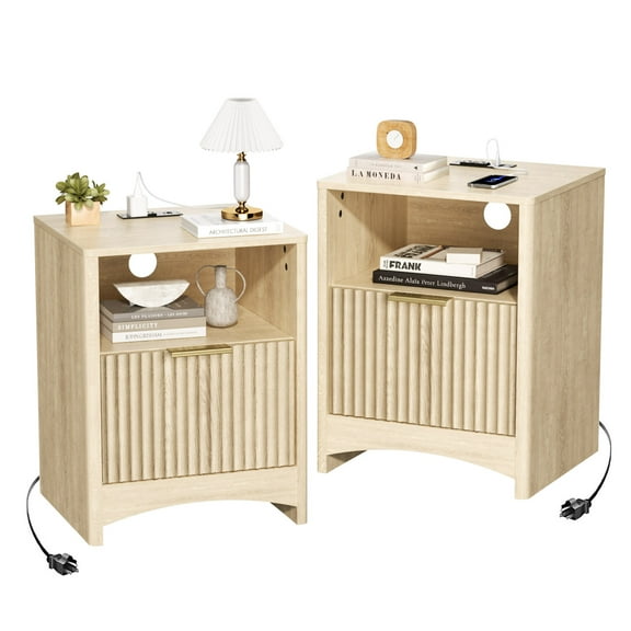 CHITOOMA Fluted Nightstand Set of 2 with Charging Station, Wood Bedside Table with Drawer & Open Shelf, Small End Table for Bedroom Living Room, Natural