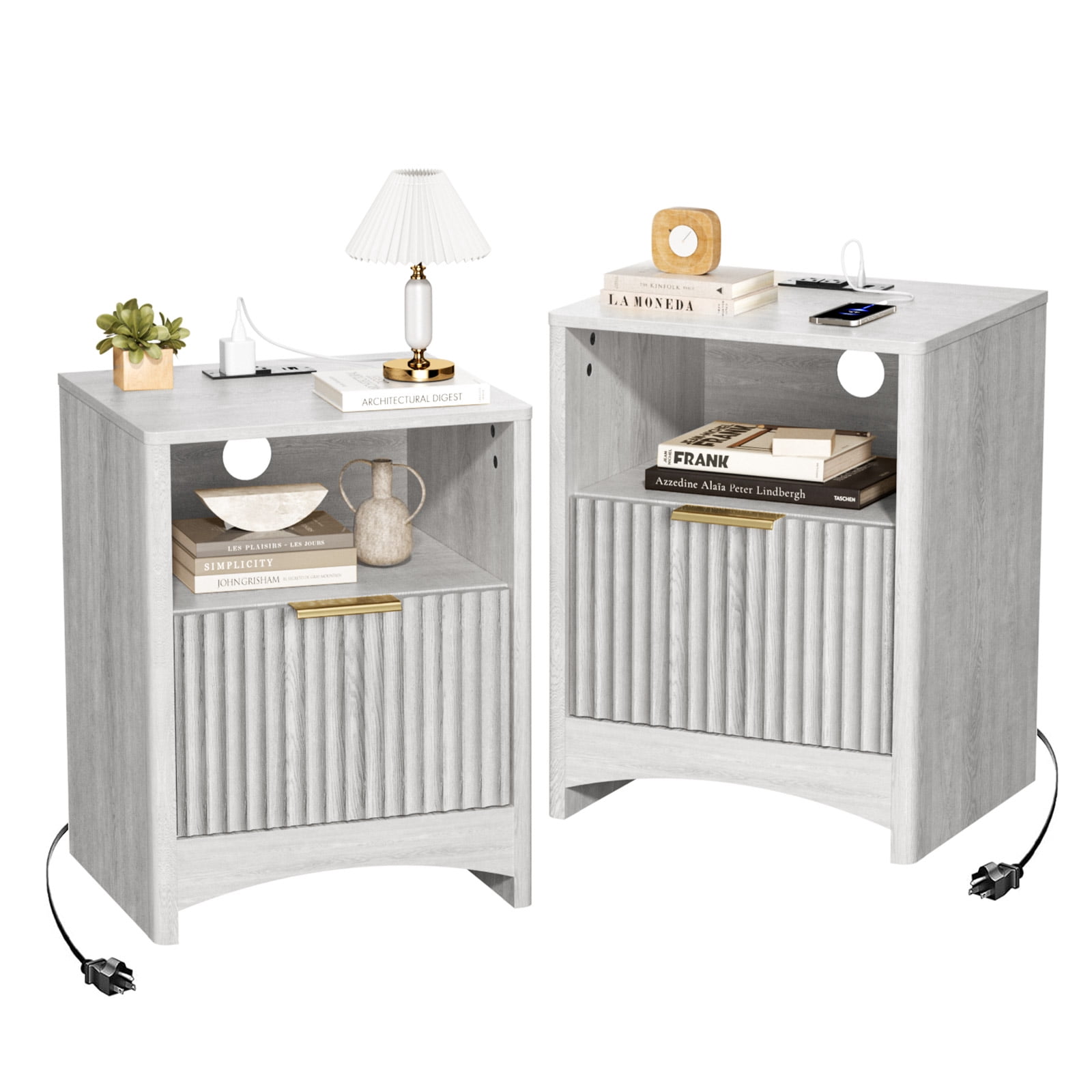CHITOOMA Fluted Nightstand Set of 2 with Charging Station, Wood Bedside Table with Drawer & Open Shelf, Small End Table for Bedroom Living Room, Gray