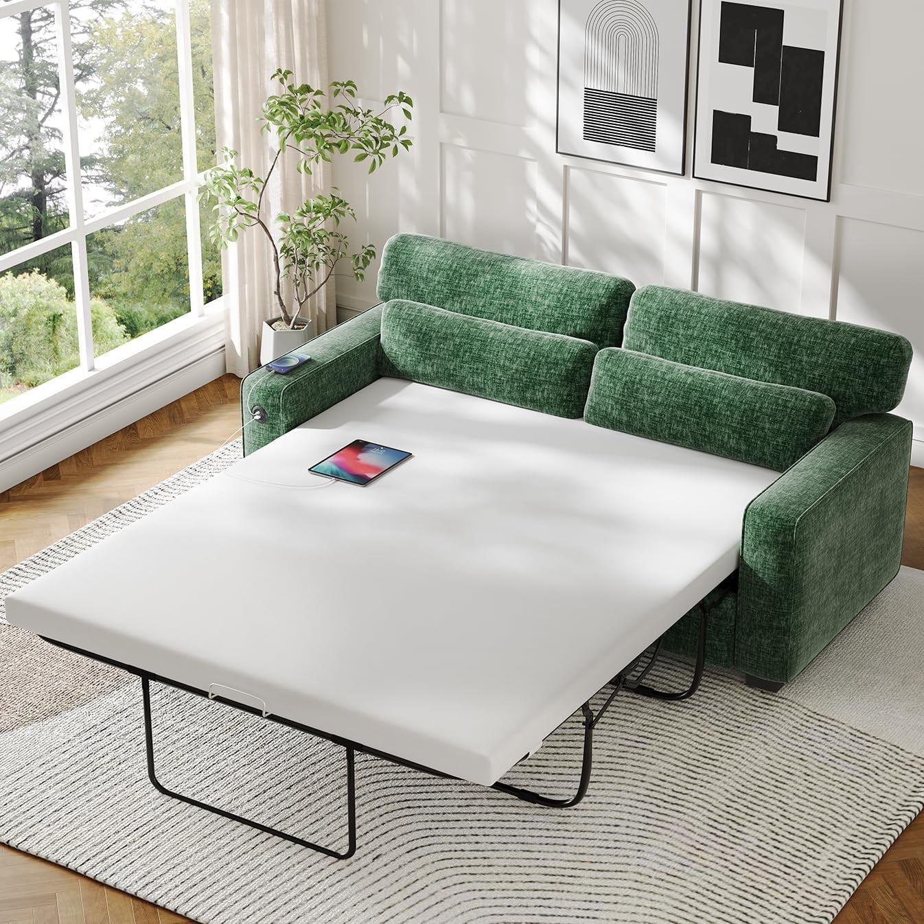 CHITOOMA Full Size Sofa Bed with Memory Foam Mattress, Pull-Out Sleeper Loveseat with 2 USB Charging Ports, Chenille Removable Covers for Living Room, Apartment or Bedroom,Green