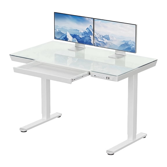 CHITOOMA Glass Top 40" x 24" Electric Standing Desk with Drawer, Height Adjustable Sit Stand Desk for Home Office, White