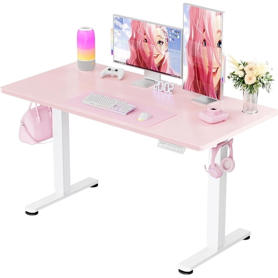 Kyspho Height Adjustable Electric Standing Desk, 48 x 24 Inches Sit Stand up Desk, Memory Computer Home Office Desk with Pink Carbon Fiber Color Table Top Splice Board (Pink)