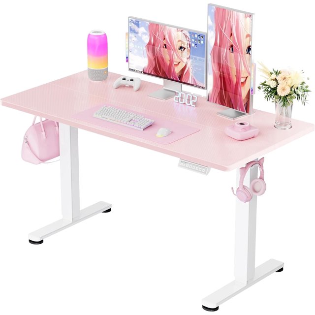 Kyspho Height Adjustable Electric Standing Desk, 48 x 24 Inches Sit Stand up Desk, Memory Computer Home Office Desk with Pink Carbon Fiber Color Table Top Splice Board (Pink)
