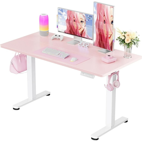 CHITOOMA Height Adjustable Electric Standing Desk, 48 x 24 Inches Sit Stand up Desk, Memory Computer Home Office Desk with Pink Carbon Fiber Color Table Top Splice Board (Pink)