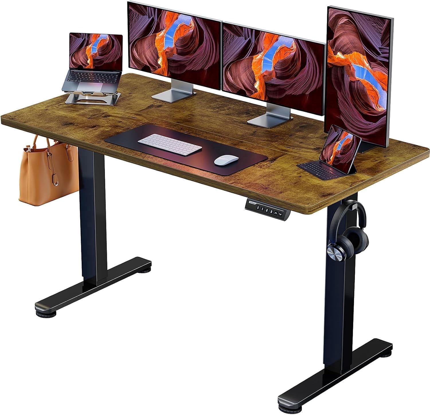 Kyspho Height Adjustable Electric Standing Desk, 55 x 28 Inches Sit Stand up Desk, Large Memory Computer Home Office Desk with Two-Piece Desktop (Vintage Brown)