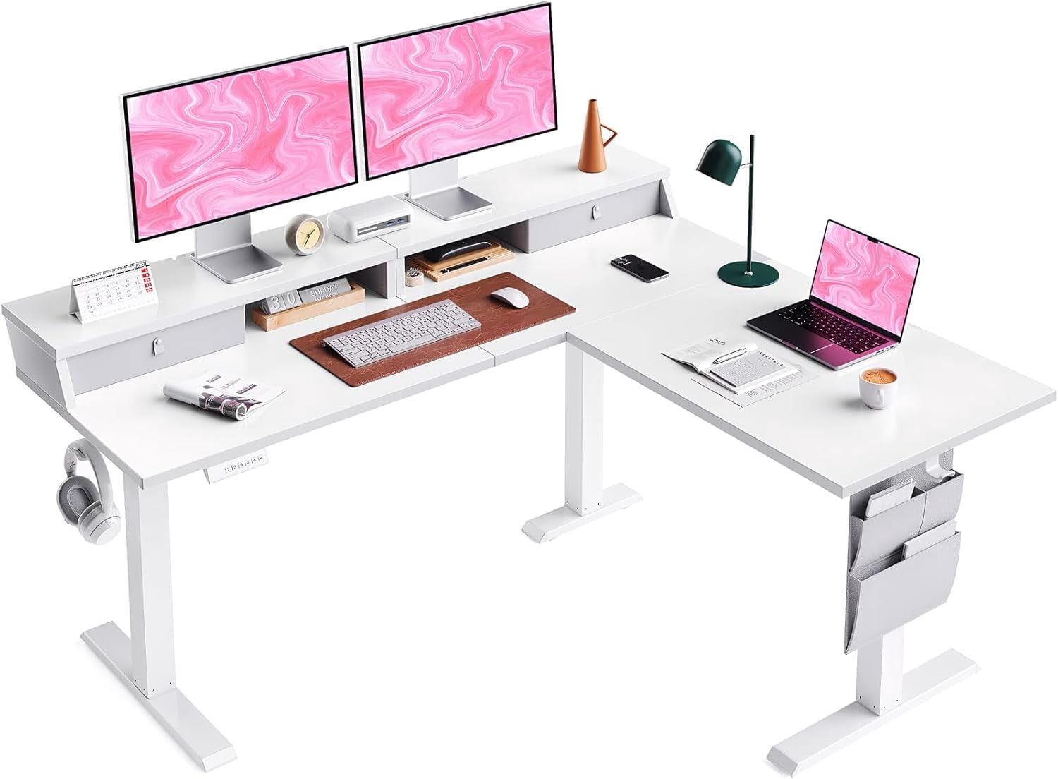 Kyspho L Shaped Electric Standing Desk, 63" Ergonomic Corner Height Adjustable Desk with Drawers, Sit Stand Computer Table with Storage for Work Office Home, White