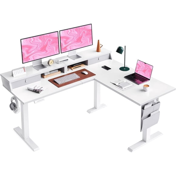 Kyspho L Shaped Electric Standing Desk, 63" Ergonomic Corner Height Adjustable Desk with Drawers, Sit Stand Computer Table with Storage for Work Office Home, White