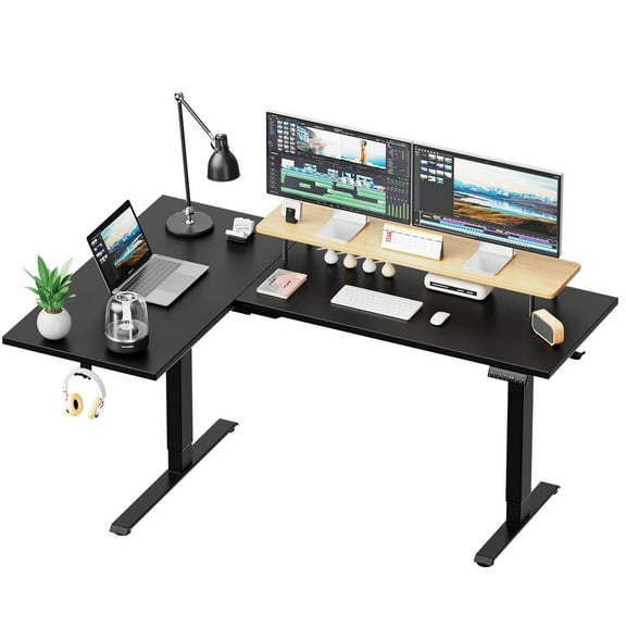 CHITOOMA L-Shaped Electric Standing Desk with Cable Tray, 63″ x 40″ Dual Motor Height Adjustable Sit to Stand Computer Desk with 3 Preset Heights, 2 Hooks for Home Office, Black