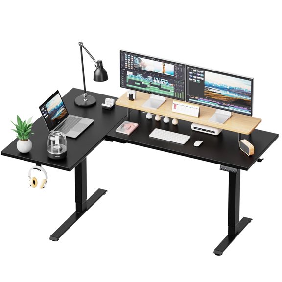 Kyspho L-Shaped Electric Standing Desk with Cable Tray, 63″ x 40″ Dual Motor Height Adjustable Sit to Stand Computer Desk with 3 Preset Heights, 2 Hooks for Home Office, Black