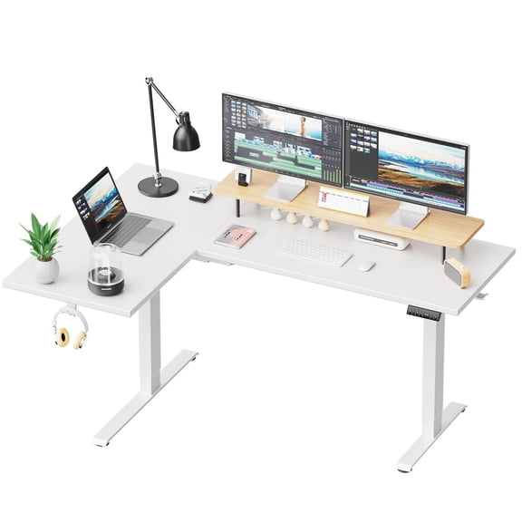 Kyspho L-Shaped Electric Standing Desk with Cable Tray, 71″ x 48″ Dual Motor Height Adjustable Sit to Stand Computer Desk with 3 Preset Heights, 2 Hooks for Home Office, White