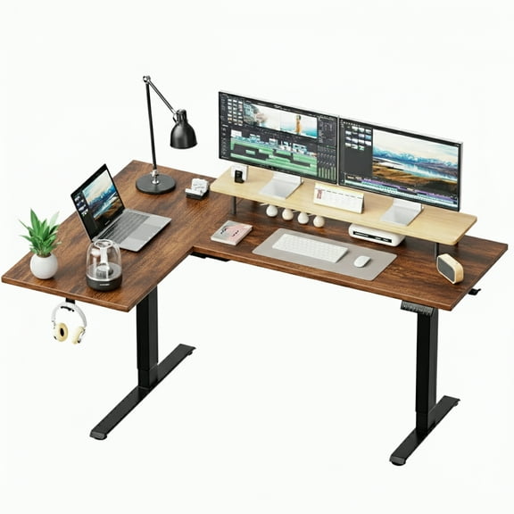 CHITOOMA L-Shaped Electric Standing Desk with Cable Tray, 71″ x 48″ Dual Motor Height Adjustable Sit to Stand Computer Desk with 3 Preset Heights, 2 Hooks for Home Office, Brown