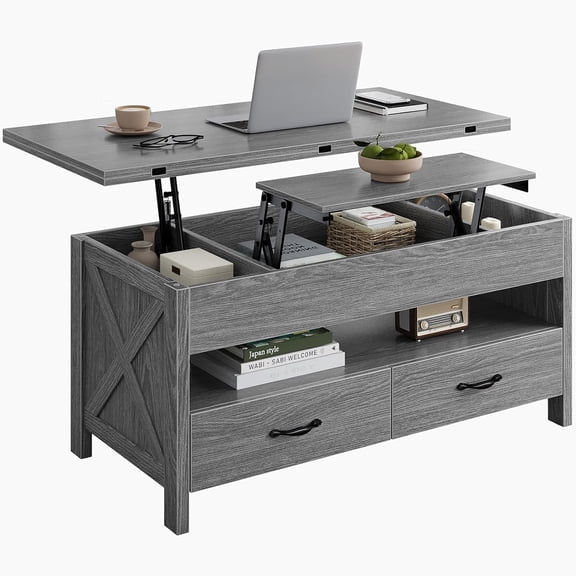 CHITOOMA Lift-Top Coffee Table, Farmhouse Center Table with Hidden Storage, 2 Drawers and 1 Open Shelf, Coffee Table for Living Room