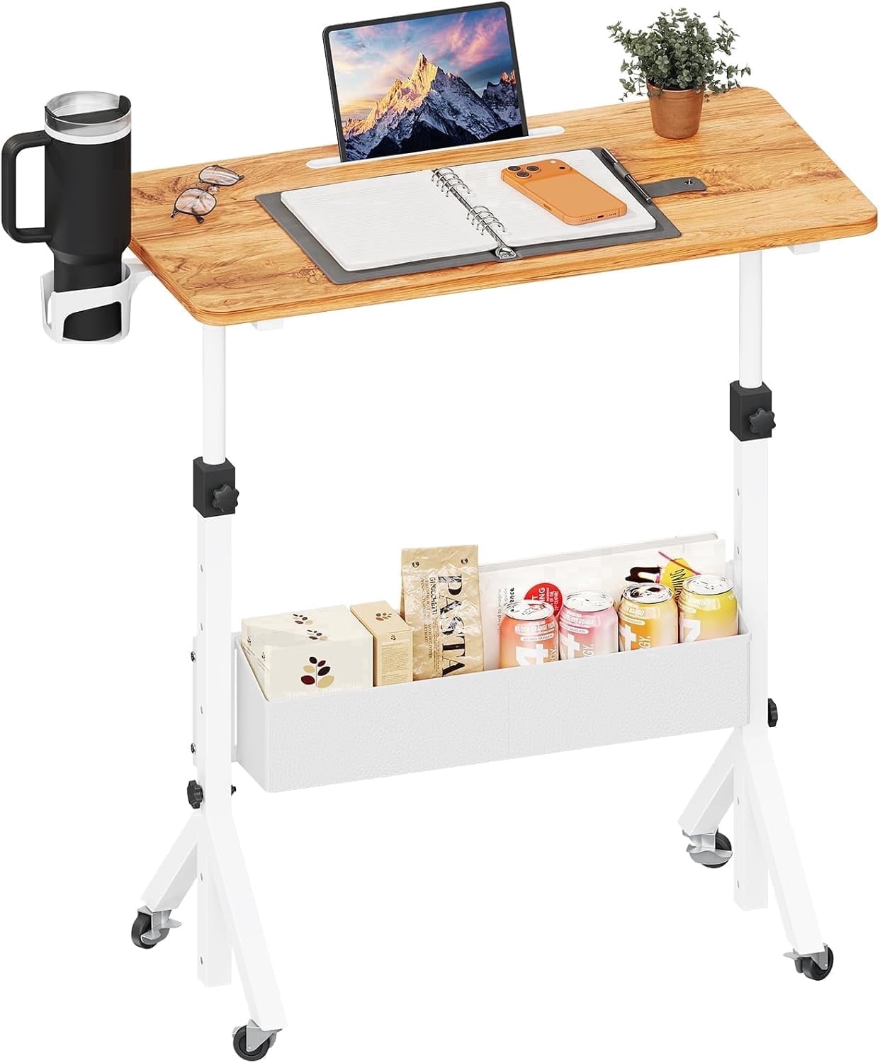 Kyspho Mobile Standing Desk with Wheels, Adjustable Height 28.3″ to 46.3″, Rolling Laptop Cart with Cup Holder, Storage Basket, Computer & Pen Slot, Home Office Stand Up Desk, Light Vintage Brown