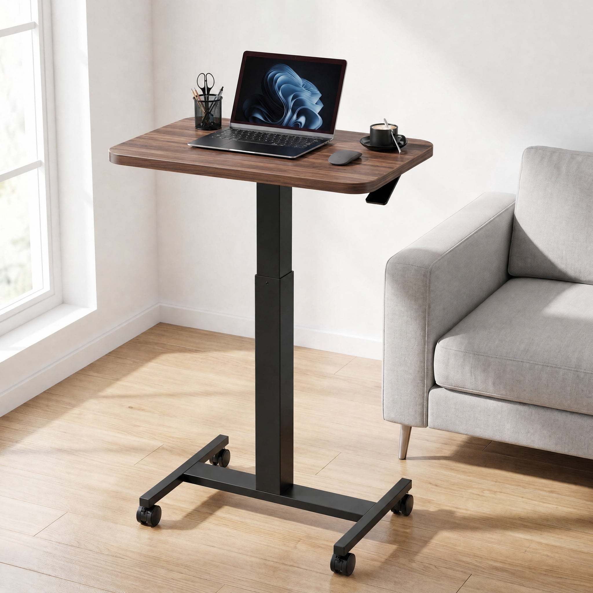 CHITOOMA Mobile Standing Desk, Height Adjustable Computer Escritorios Rolling Desk with 4 Lockable Wheels for Home Office, Walnut