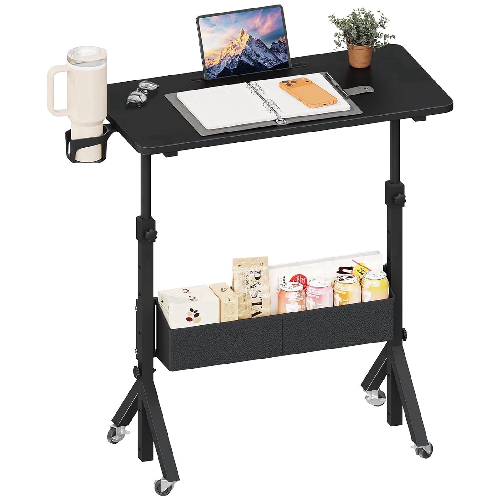 Kyspho Mobile Standing Desk with Wheels & Storage, Adjustable Height Rolling Laptop Cart with Cup Holder, Fits Treadmills, Black, 31.5" x 15.75"