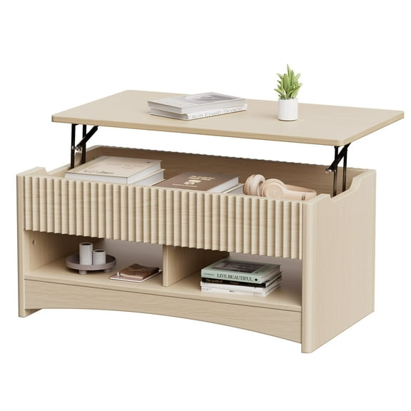 CHITOOMA Modern Lift-Top Coffee Table with Hidden Storage & Open Shelves, Fluted Front Accent Table for Living Room, Natural
