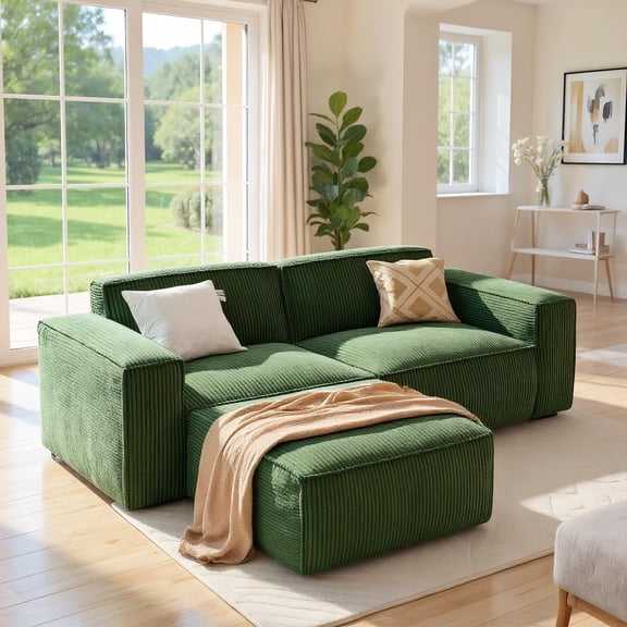 CHITOOMA Modular Sectional Couch L Shape, 80" Corduroy Loveseat with Ottoman, Deep Seats and High-Back Design, Sleep Sofa for Living Room Bedroom, No Assembly Required, Green