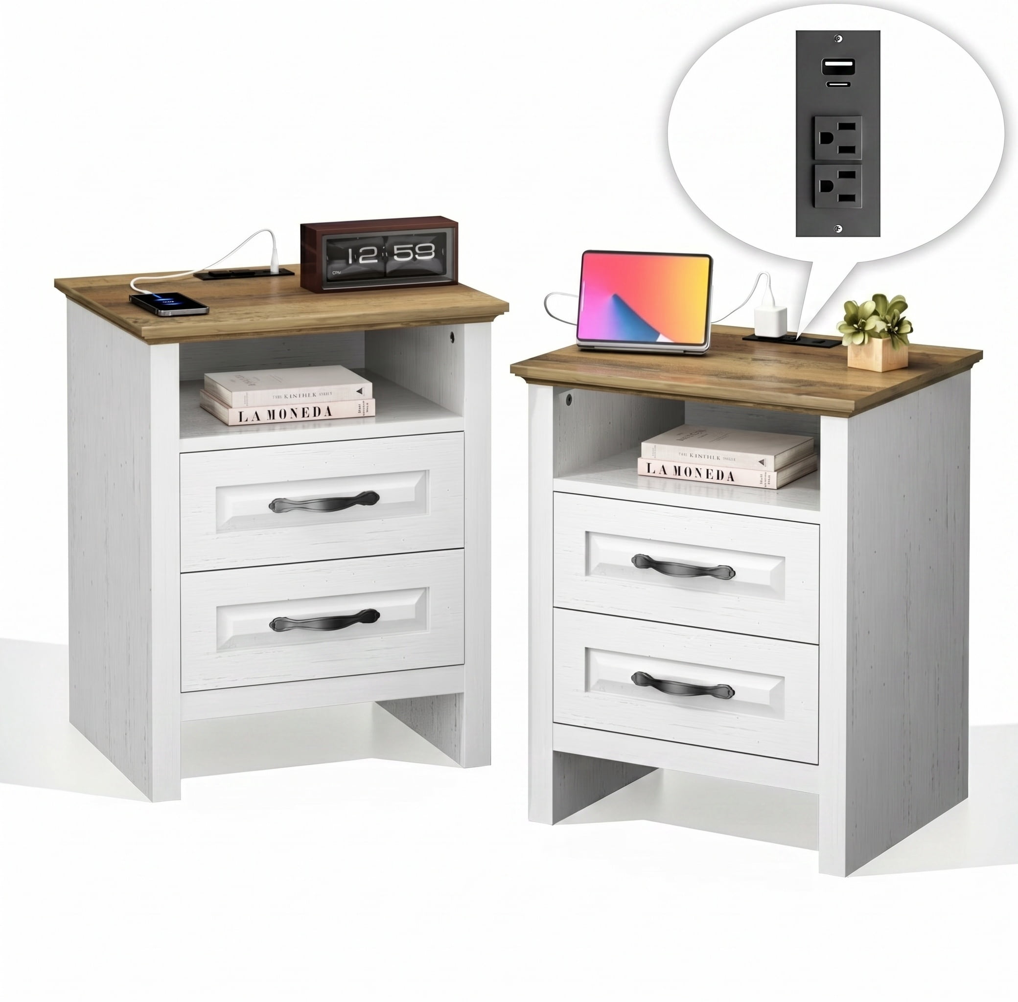 CHITOOMA Nightstand Set of 2 with Charging Station, 2-Drawer Farmhouse Bedside Table with Open Shelf, Small Wood End Table for Bedroom Living Room, White & Brown