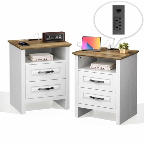 CHITOOMA Nightstand Set of 2 with Charging Station, 2-Drawer Farmhouse Bedside Table with Open Shelf, Small Wood End Table for Bedroom Living Room, White & Brown