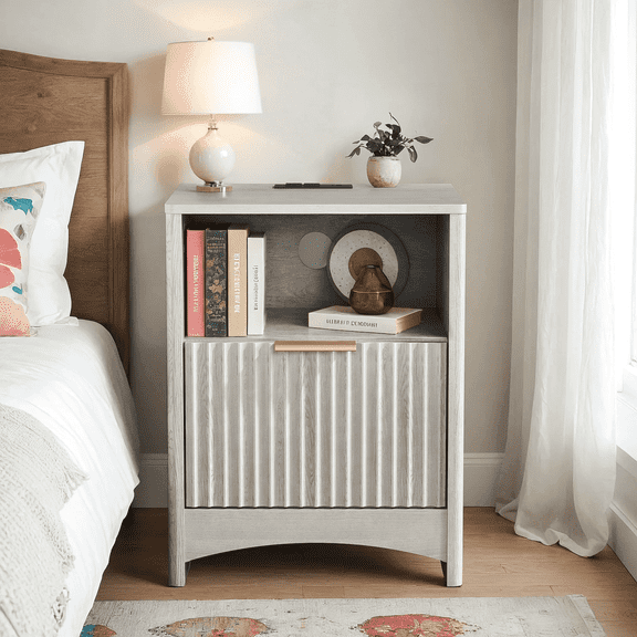 CHITOOMA Fluted Nightstand with Charging Station, Wood Bedside Table with Drawer & Open Shelf, Small End Table for Bedroom Living Room, Gray