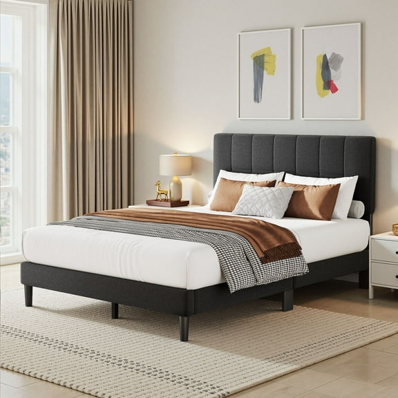 Queen Bed Frame with 12 Thickened Legs, 3-Level Linen Adjustable Upholstered Headboard, Fully Upholstered Mattress Foundation, No Box Spring Needed, Noise-Free, Up to 1300 lbs, Dark Grey