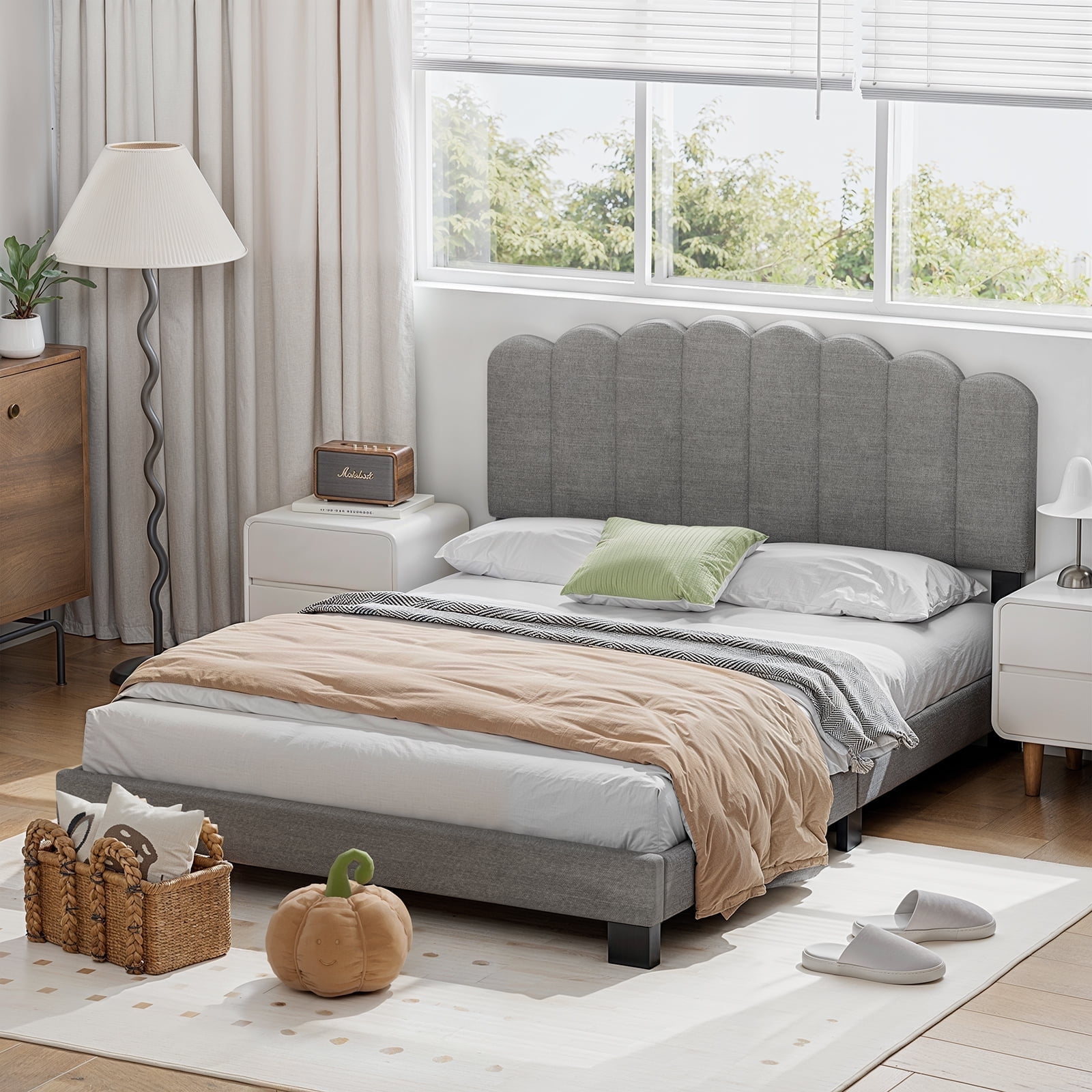 CHITOOMA Queen Size Platform Bed Frame with Velvet Upholstered Headboard and 12 Wooden Slats Support, No Box Spring Needed, Easy Assembly, Up to 1320 lbs, Grey
