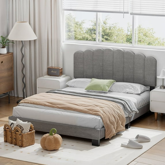 CHITOOMA Queen Size Platform Bed Frame with Velvet Upholstered Headboard and 12 Wooden Slats Support, No Box Spring Needed, Easy Assembly, Up to 1320 lbs, Grey