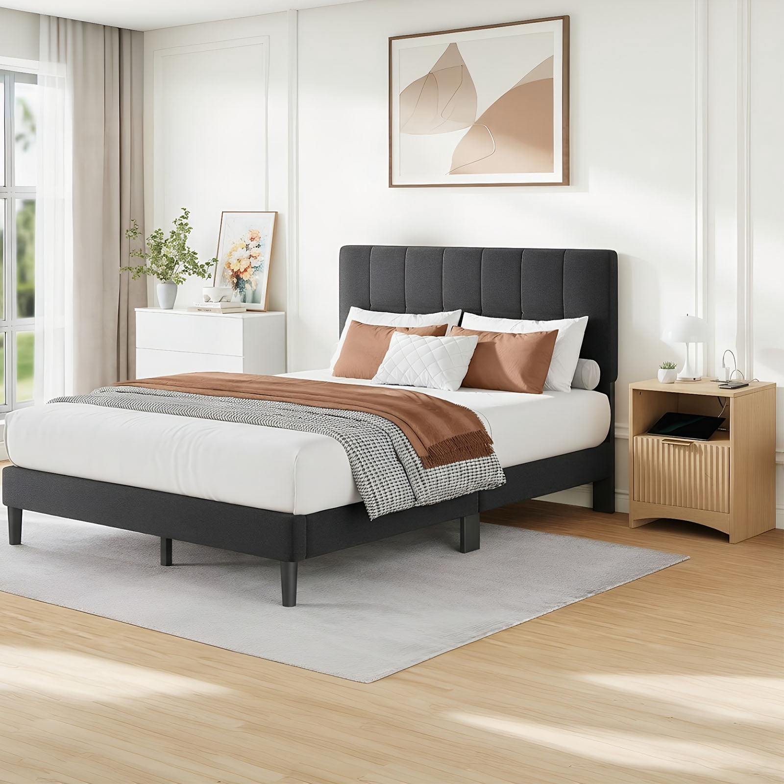 CHITOOMA Queen Size Bed Frame with Nightstands & Adjustable Headboard, Upholstered Platform Bed Frame Queen Size No Box Spring Needed, Dark Grey
