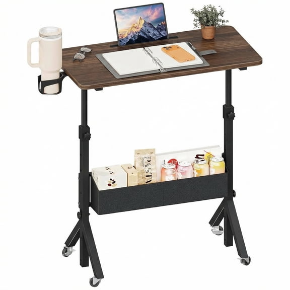 CHITOOMA Rolling Standing Desk Adjustable Height, Mobile Stand Up Desk for Walking Pad and Treadmill, Portable Computer Table with Wheels, 31.5"x15.75" Height 28.7"-46.1", Walnut