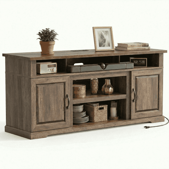 CHITOOMA Rustic Farmhouse TV Stand for TVs Up to 80", with Drawers Storage Cabinets, Adjustable Shelves and Charging Ports, Spacious Entertainment Center TV Console for Living Room, Bedroom, Brown