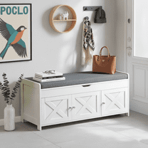 CHITOOMA Shoe Storage Bench, 43.4" Wide Shoe Bench with Padded Seat Cushion and Lift Top Storage, Bench with Barn Doors and Adjustable Shelf for for Entryway, Bedroom, Living Room, White