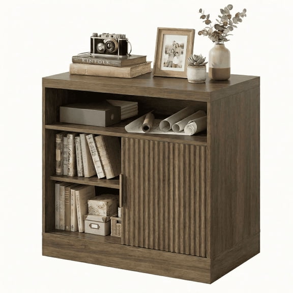 CHITOOMA Sliding Door Side-Opening File Cabinet, 32" Wooden Storage Cabinet with Adjustable Shelves and Sliding Door, Ideal for Home Office, Dark Walnut